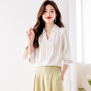 新中式国风衬衫女2024年春装设计感复古长袖，白色v领雪纺衬衣