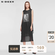 sdeer圣迪奥女时尚前卫，圆领抽象印胶创意拼接无袖连衣裙s19281295