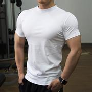 纯棉短袖t恤男高领，肌肉运动健身训练弹力紧身衣，纯色速干上衣半袖