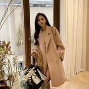 2022年秋冬双排扣高端纯色百搭韩版宽松中长款毛呢大衣女外套