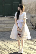 夏季法式可爱奶白色娃娃领少女连衣裙女小个子甜美短袖公主蓬蓬裙