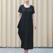 丝绸弹力黑色圆领短袖立体编织装饰不对称桑蚕丝中长连衣裙