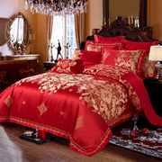 欧式高档婚庆四件套结婚床上用品，新婚大红套件，红色全棉十件套