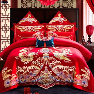 全棉婚庆四件套新婚龙凤刺绣，纯棉大红色陪嫁高端中式结婚床上用品