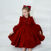 儿童礼服公主裙春秋红色女童钢琴演出服花童主持人蓬蓬纱礼服洋气