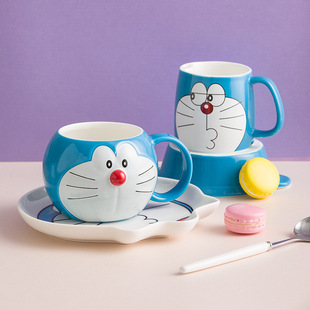 哆啦梦马克杯水杯，带盖杯机器猫蓝胖子可爱陶瓷杯