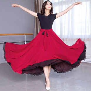 双层两面穿大摆裙540度红色跳舞蹈长裙8米雪纺半身裙新疆维族舞裙