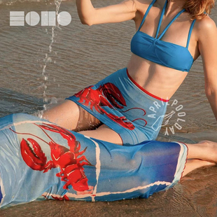 Echo 泰国原创 APRLPOOLDAY 印花龙虾网纱半裙 沙滩度假吊带长裙