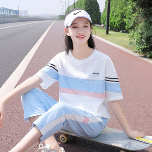 初中生运动套装青春少女七分裤，t恤短袖班服2023夏季高中学生韩版
