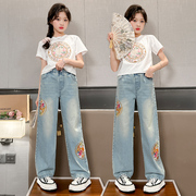 新中式国风t恤龙纹刺绣牛仔裤，两件套2024款春夏国潮女童短袖套装7