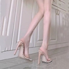 欧美裸色露趾方头凉鞋女高跟2024年仙女性感一字带细跟拖鞋女