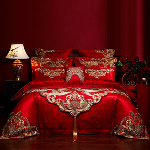 高端婚庆四件套大红刺绣长绒棉结婚中式婚房床上用品全棉被套龙凤