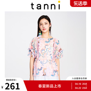 tanni夏季女士，衬衫短袖宽松圆领印花上衣tj11bl079a