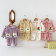 汐小米  韩国秋冬款婴儿可爱家居服套装女宝宝加绒加厚睡衣两件套