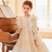 爱安玖女童公主裙，白色连衣裙钢琴演奏演出服，主持走秀晚礼服秋冬款