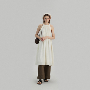朵扇华夫格无袖连衣裙，女2024夏季肌理感雪纺，白色长裙设计感