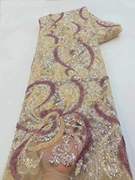 菱格网非洲亮片网纱蕾丝，珠管绣花婚纱礼服，面料sequinlacefabric
