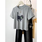 灰色猫咪正肩短袖t恤衫女夏季2024设计感小个子短款体恤上衣