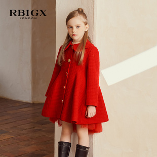 RBIGX瑞比克童装冬季红色女童拜年服潮流翻领花苞造型下摆大衣