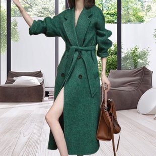 名媛气质女士外套韩系秋冬季绿色西装领显瘦双面羊绒大衣毛呢外套