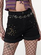 Minga2023夏季美式复古黑色星月刺绣图案高腰直筒卷边短裤