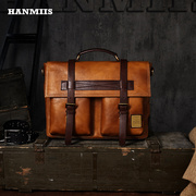 hanmiis英国斜挎公文包真皮，男包头层，公文商务单肩包复古手提邮差