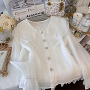 法式荷叶边白色衬衫女春季设计感小众甜美洋气，减龄娃娃领上衣