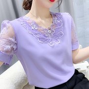 紫色绣花短袖雪纺衫，女式上衣夏季2024年气质宽松拼接蕾丝t恤