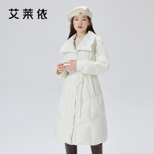 艾莱依翻领羽绒服冬季女2023长款收腰气质时尚设计感鸭绒外套