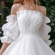 涵妃娅新娘抹胸婚纱礼服裙配饰，白色欧根缎荷叶，边泡泡袖松紧假袖子