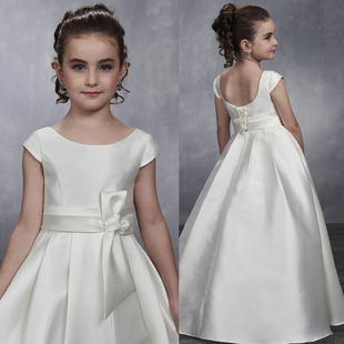 少女童大提琴钢琴演出晚礼服儿童白色缎面伴娘婚纱绑带长款公主裙