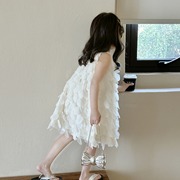 女童夏装2024白色连衣裙，小女孩花瓣吊带裙子女，宝宝仙女公主裙