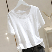 竹节棉白色t恤女短袖2024年夏季韩版宽松圆领纯色上衣打底衫