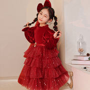 儿童礼服公主裙红色，高级蓬蓬纱女童圣诞，钢琴演出主持人晚礼服春款