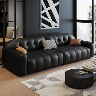 cbd家居头层真皮沙发，客厅组合黑色中古风，一字型直排组合沙发