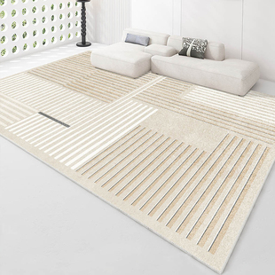 奶油风地毯客厅侘寂风轻奢，现代简约高级卧室，床边毯素色条纹大地垫