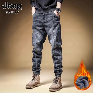 jeep吉普牛仔裤男士冬季美式加绒保暖工装裤，纯棉宽松束脚长裤子男