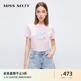 Miss SixtyT恤女圆领显瘦正肩钉珠字母短袖甜美风减龄小清新印花