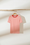 夏季标准版型红白条纹圆领短袖t恤2024女士休闲纯棉简约上衣