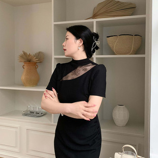 ML茉乐大码微胖2023夏季连衣裙修身黑色蕾丝气质性感中长裙