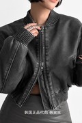 PAPERMOON韩国2023冬装 时尚水洗立领短款PU皮飞行夹克女外套