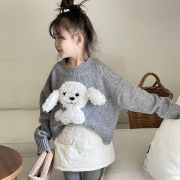 儿童秋冬韩版针织毛衣女童，可爱立体小白狗针织套头毛衣厚款洋气潮