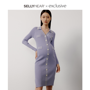 SELLYNEAR孕妇春季针织连衣裙时尚修身法式优雅外出可哺乳裙