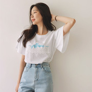 时尚起义韩国甜美蕾丝贴布刺绣字母蝙蝠袖短袖T恤sj23040407