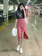 粉红色开叉半身裙2022夏季韩版高腰显瘦中长款a字，百搭包臀裙