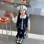 女童洋气牛仔套装秋装，2023韩版儿童马甲衬衫，网红宝宝三件套潮