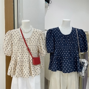 波点衬衫女2024夏季法式独特别致设计感小飞袖娃娃衫上衣韩版