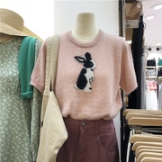 2022年春季圆领毛线针织衫短款兔子图案短袖T恤小个子可爱上衣女