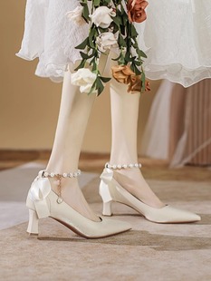法式玛丽珍高跟鞋女婚鞋，白色粗跟新娘鞋，订婚缎面配裙子不累脚单鞋