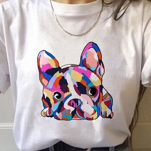 Bulldog Print T-shirt可爱法国斗牛犬印花卡通圆领百搭女T恤短袖